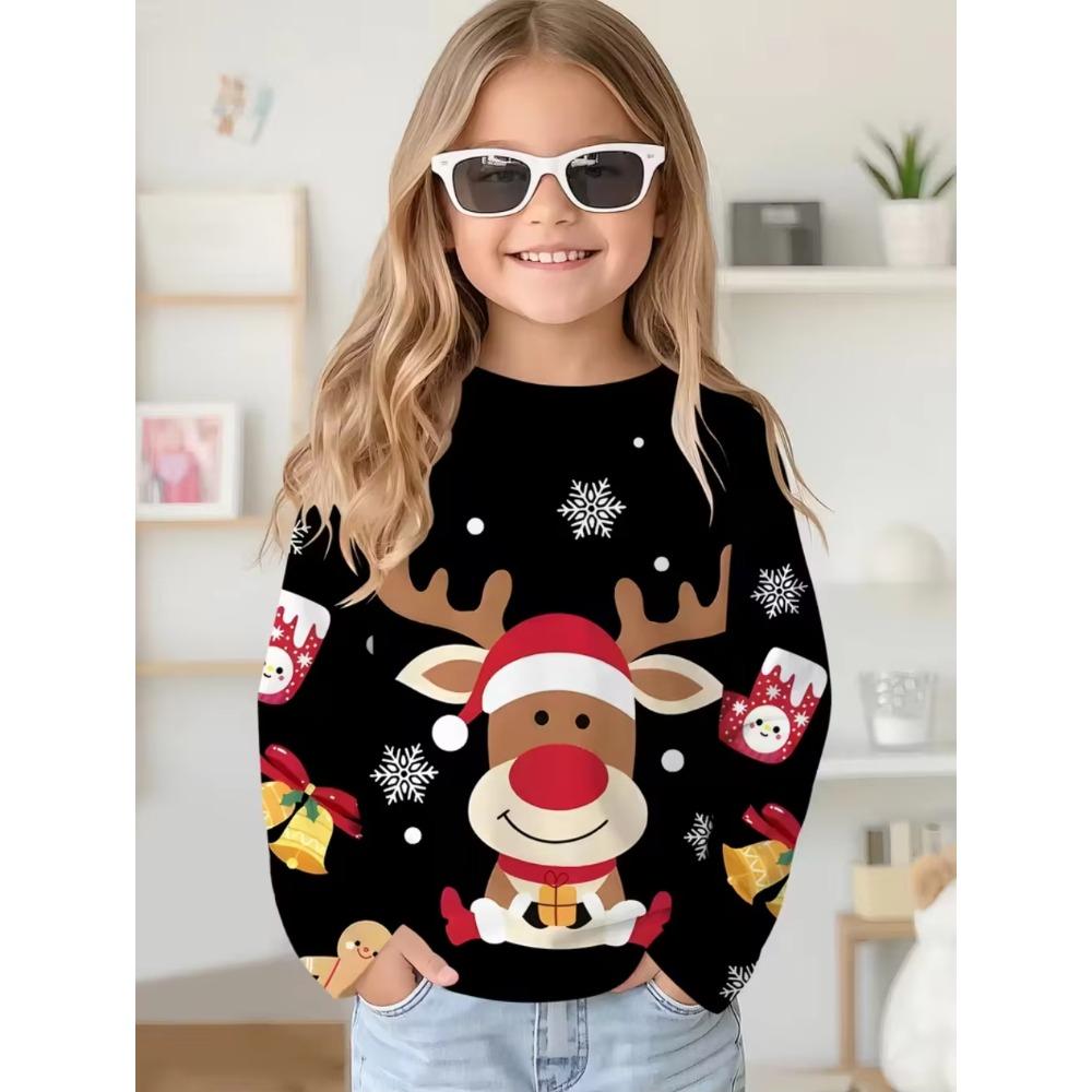 Christmas Santa Claus Print Girl Clothes Autumn Children Top Round Neck Long Sleeve Fashionable Comfortable Breathable Versatile Sports T-shirt