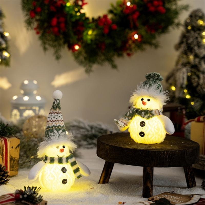 Pack of 2 Christmas Snowman Ornament with Knitted Hat and Scarve Decorative LED Lights Holiday Decoration Accessories