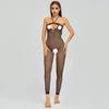 Women Jumpsuit Halter Neck Hollow Out Fishnet Backless Sleeveless Slim Fit Nightwear Open Crotch See-through Seductive Bodysuit for Bedroom Honeymoon