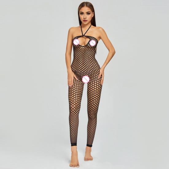 Women Jumpsuit Halter Neck Hollow Out Fishnet Backless Sleeveless Slim Fit Nightwear Open Crotch See-through Seductive Bodysuit for Bedroom Honeymoon