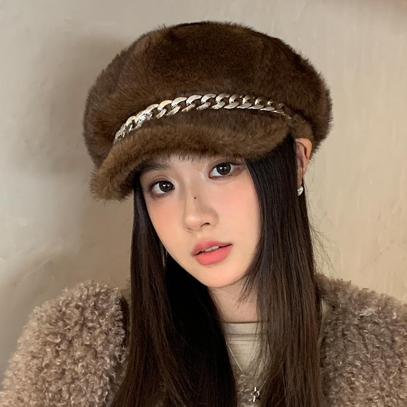 Temperament imitation mink hair chain beret autumn and winter hat women's octagonal hat fleece thickened thermal hat