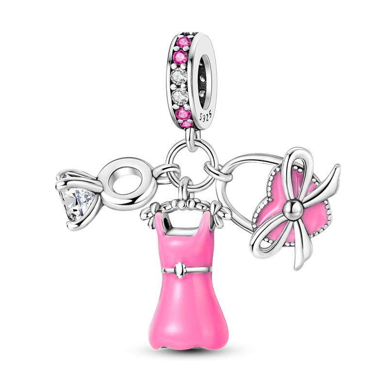 Copper Lovely Pink Color Charms Love Heart Skirt Flower Dangle Pendants Fit Original Fash Bracelet Diy Jewelry