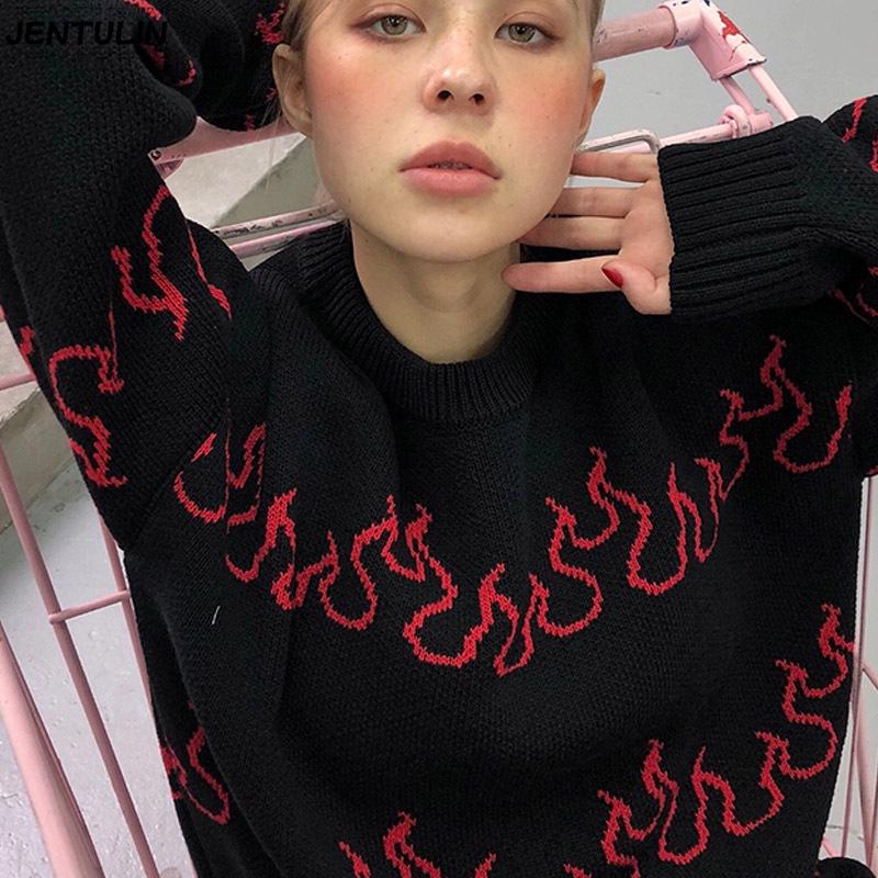 Cross New Flame Jacquard Harajuku Knit Sweater - Autumn/Winter Warm Punk Loose Round Neck Pullover