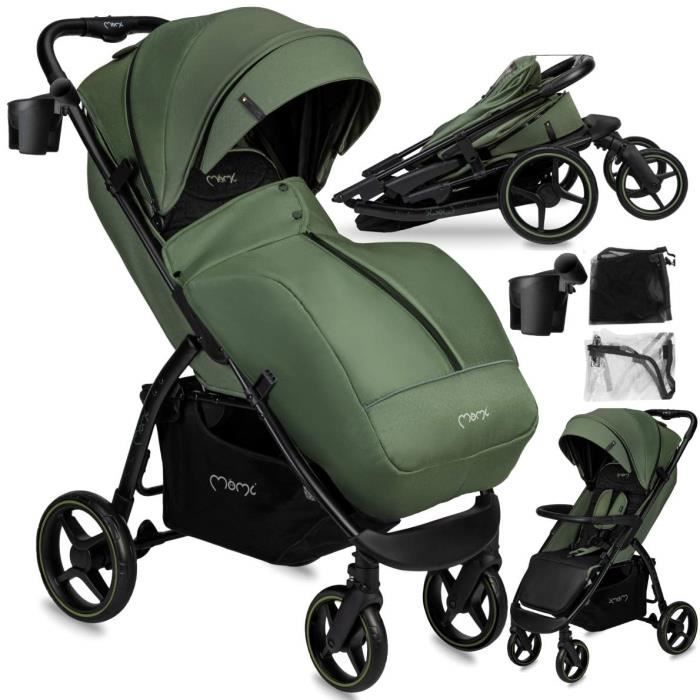 MoMi MIYA - Poussette Ultra Compacte - Dès 0 Mois Jusqu’à 22 Kg - Kit D’accessoires - Roues EVA 7"/10" - Vert