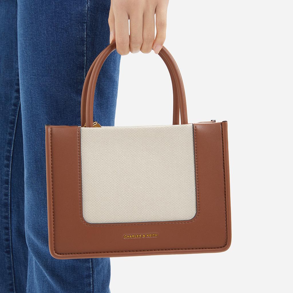 New CHARLES&KEITH PU/fabric Shoulder Bag, Crossbody Bag, Handbag Medium Size Women's Dark Denim Blue/Tan Tea Brown CK2-30701396-1-NEW