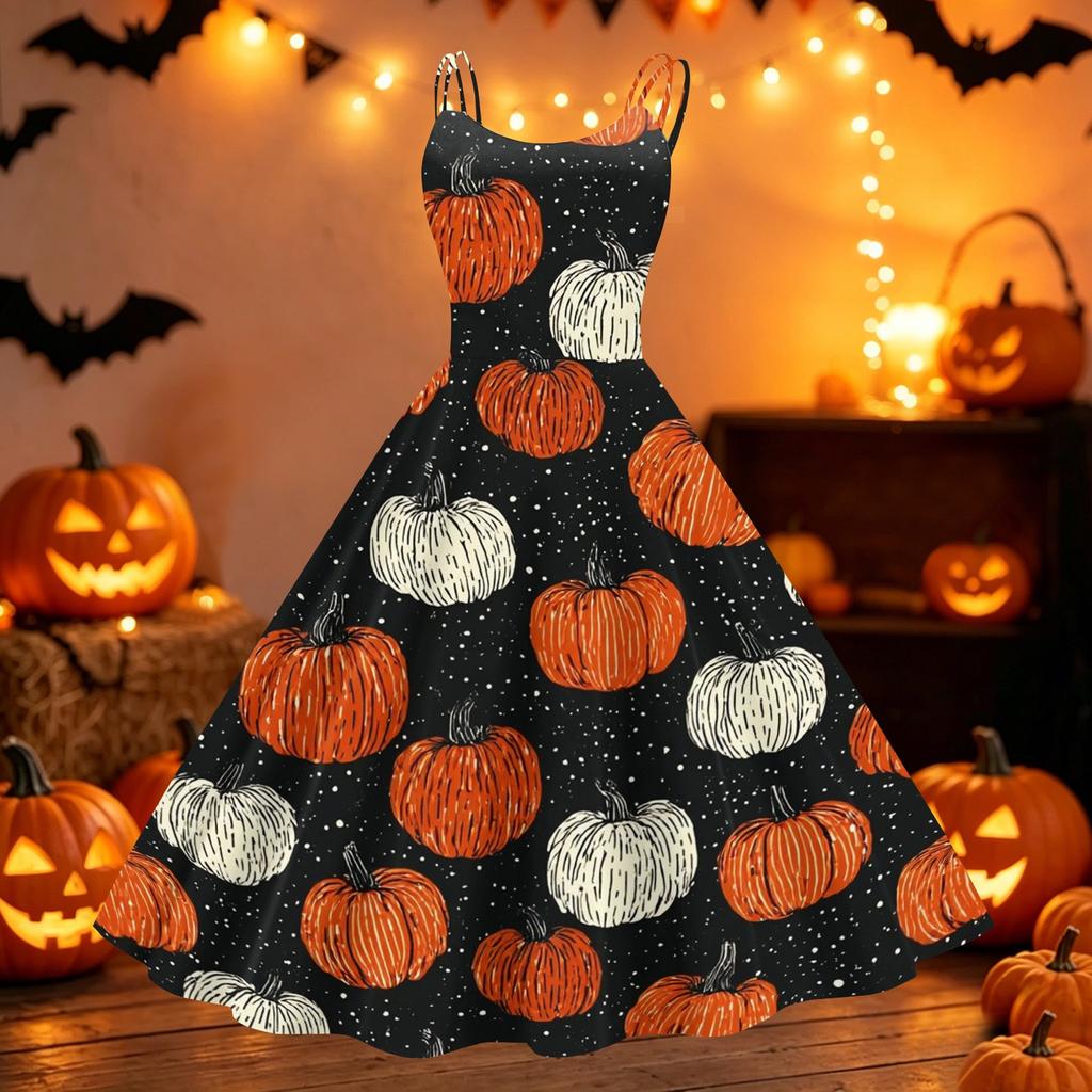 Women Halloween Print Off Shoulder Dress Punk Vintage Style Sleeveless Spaghetti Strap Midi Dress with Flared Skirt for Party