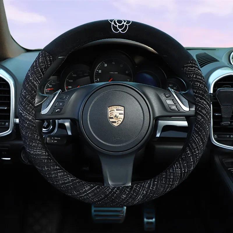 

Car steering wheel cover Embroidered camellia winter plush comfort car handle cover Goddess steering wheel cover