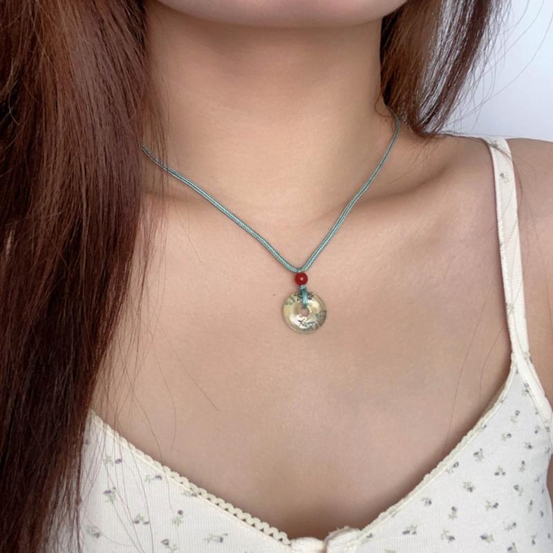 Traditional Chinese Character Good Luck Pendant Necklace Adjustable Rope Peace Buckle Pendant Clavicle Chain Jewelry