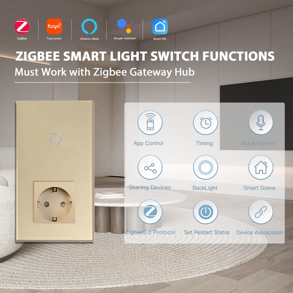BSEED Zigbee 1/2/3Gang Wall Smart Switches 1/2/3Way Light Touch Switch with Typ-C USB EU Sockets Tuya Smart Life App Control