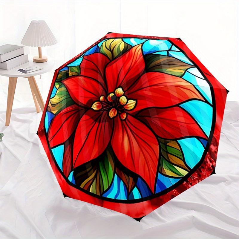 1pc Stained Glass Automatic Folding Umbrella - 8-Rib Iron Frame, Windproof, Portable Sunshade with Plastic Handle for Travel & Outdoor Activ