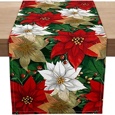 Christmas Poinsettia  Table Runner Linen   Fake Kitchen Dining Decor For Indoor Outdoor Home Wedding Party