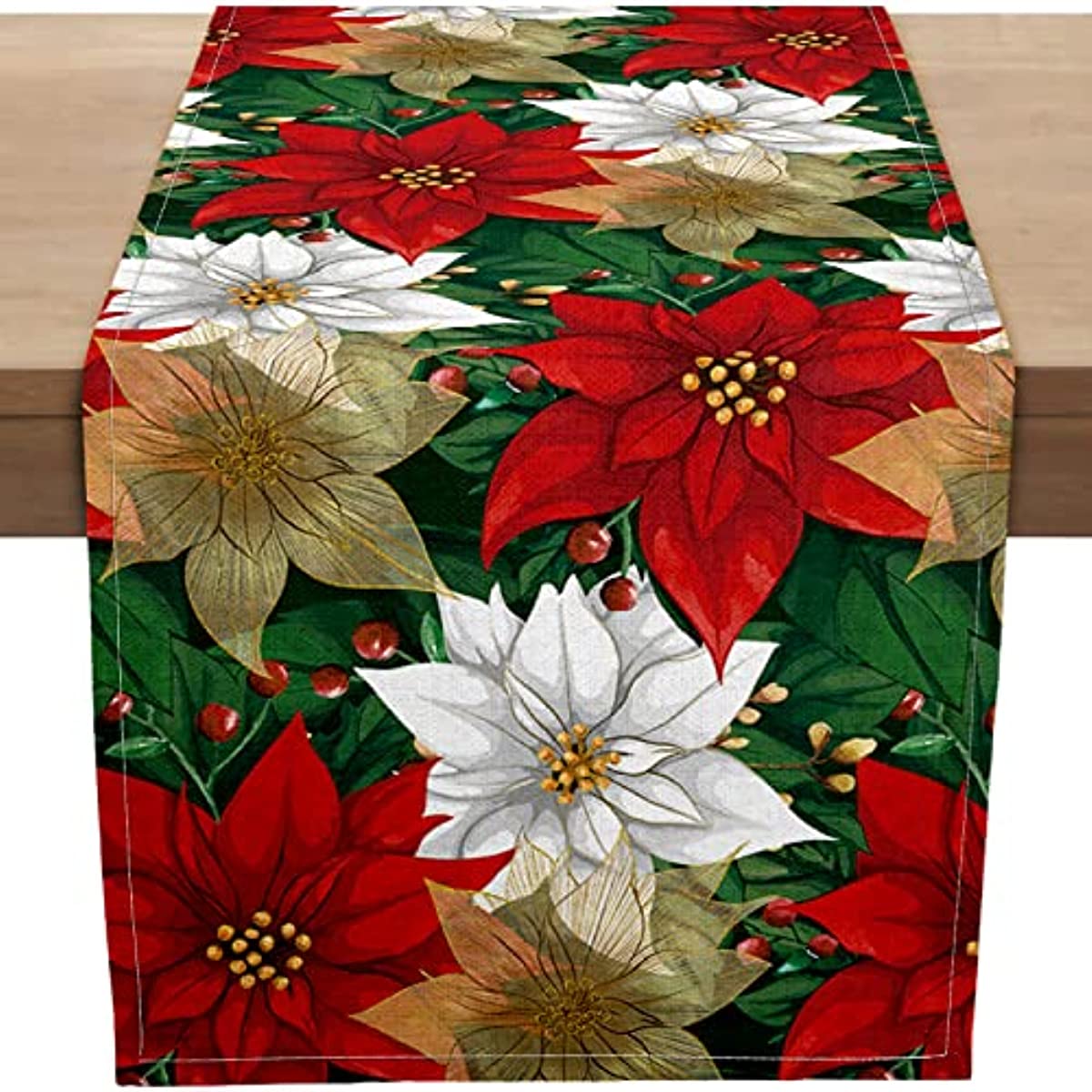 

Christmas Poinsettia Table Runner Linen Fake Kitchen Dining Decor For Indoor Outdoor Home Wedding Party 120x33cm 47x13inch