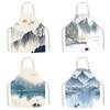 Chinese Ink Landscape Painting Apron Young Beautiful Waisted Kitchen Home Cooking Linen Painting Work Clothes