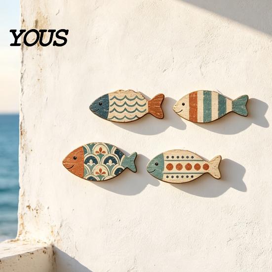 Rustic Beach House Ornaments 4PCS Wooden Fish Wall Decor, Mediterranean Style Hanging Plaques, Blue Decorative Set And Brown Finish Nautical