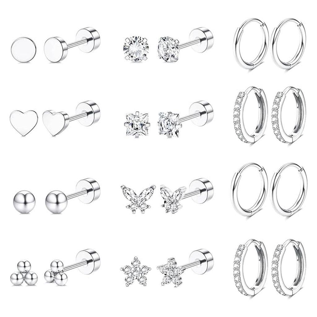 Stainless Steel European-American Style Stud & Hoop Earring Set