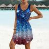Damen Sommer Lässiger Sonnenschutzrock Mit Tasche V-Ausschnitt Unabhängigkeitstag Bedrucktes Lockeres Westenkleid