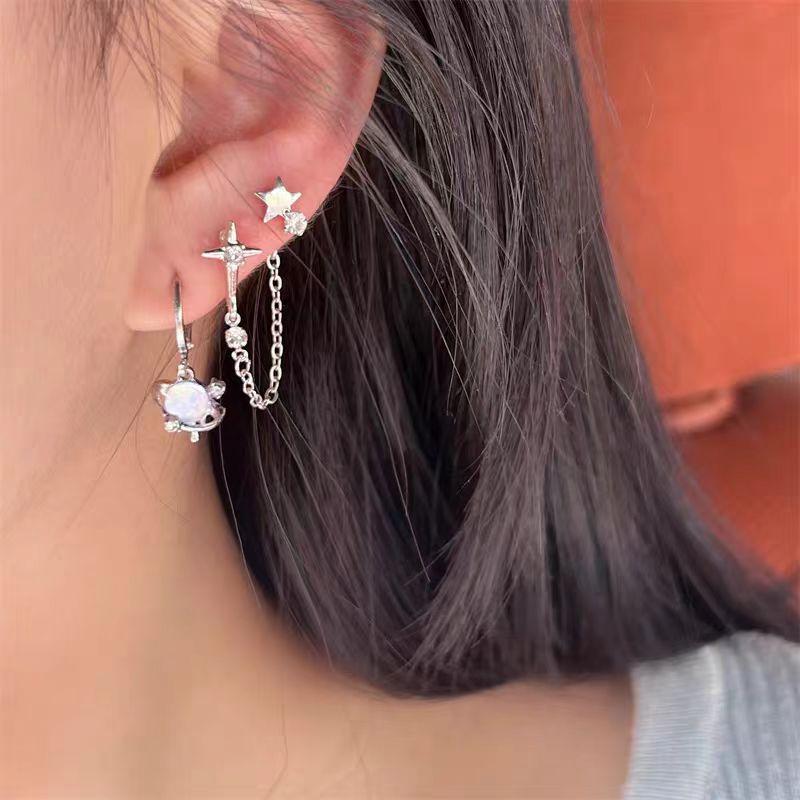 6-Piece Set Of Stud Earrings, Mango Chain Design Ear Buckle Earrings, Temperament Versatile Planet Zircon Earrings.