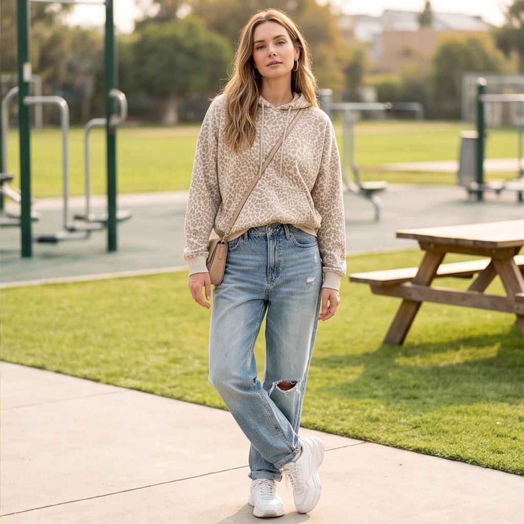 Damen Oversized Retro Kapuzenpullover mit Leopardenmuster
