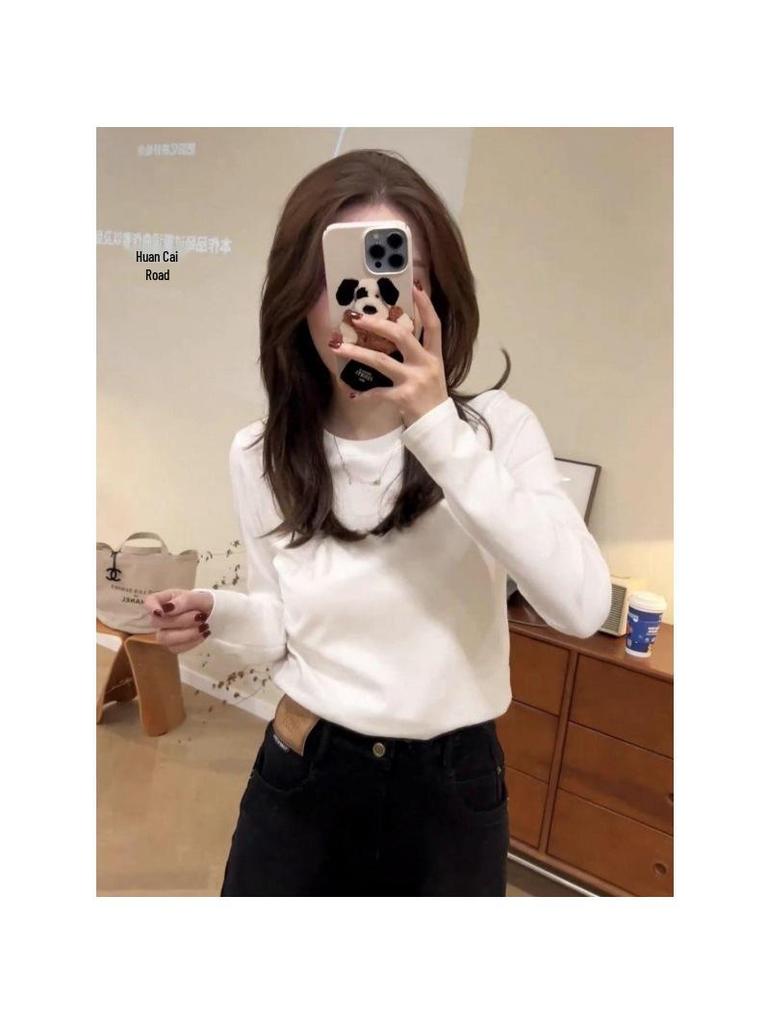 Women's Slim Fit Long-Sleeve Round Neck T-Shirt - Solid Color, High Street Autumn Style