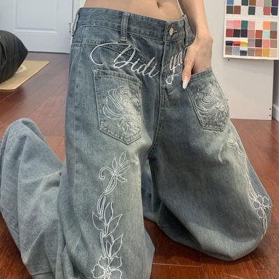 Jeans Larghi Ricamati Floreali da Donna Vita Alta Vintage Lavato Vestibilità Larga Pantaloni in Denim