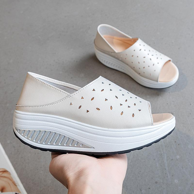 Genuine Leather Women's Sandals 2024 Summer New Platform Wedges Ladies Shoes Hollow Out Breathable Women Sandals Slippers