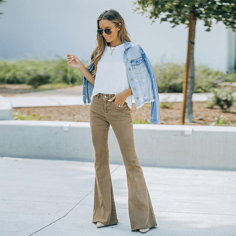 Frühlingsneue Damenjeans, hochtaillierte bodenlange Retro-Schlaghosen