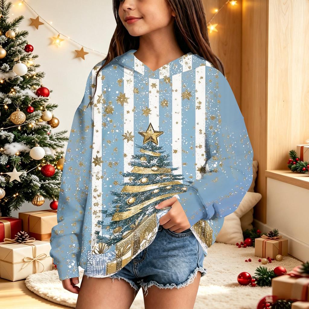 Blusão casual de lã polar para crianças com estampa de Natal e design com capuz