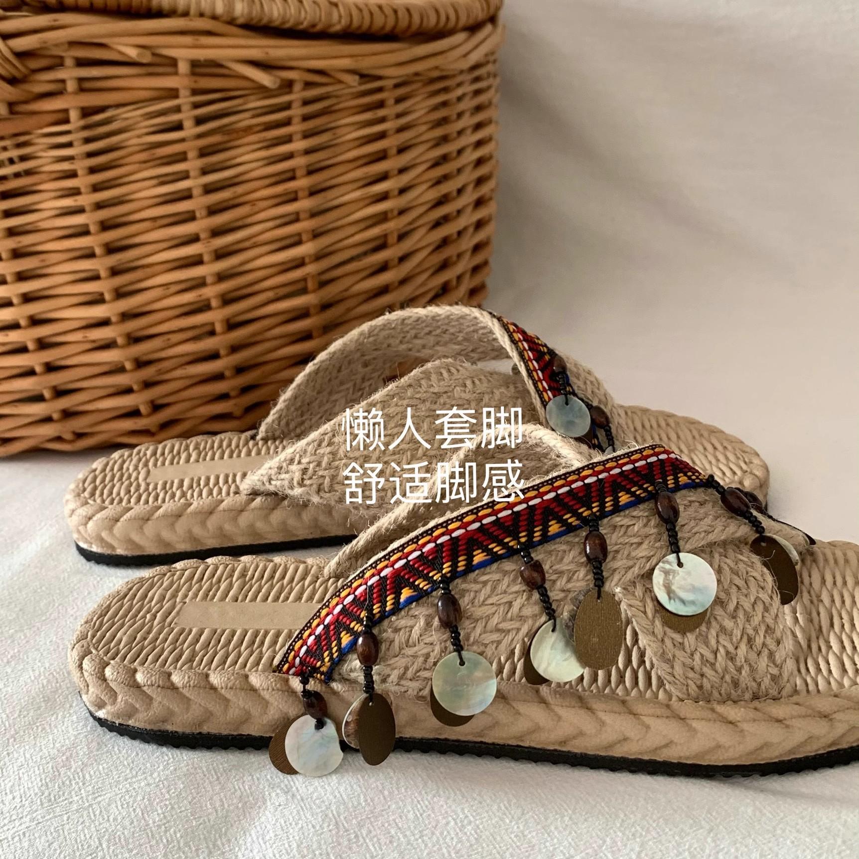 

Сандалии с кисточками, женская летняя одежда 2024 года, модные плетеные тапочки в этническом стиле, пляжная обувь для отдыха на море, мягкая плоская подошва 35