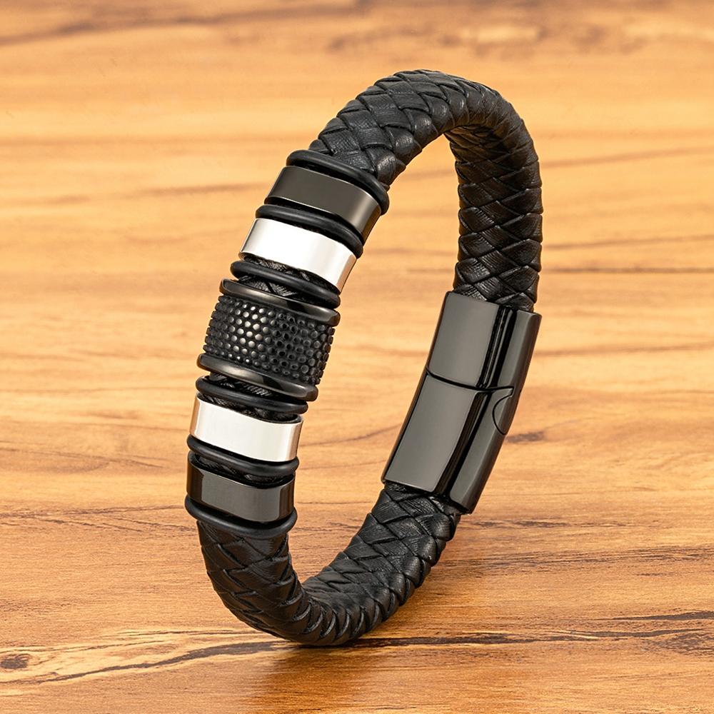 Trendy Black Leather Bracelet Homme Punk Men Gift for Husband Friend Hiphop Rock Charm Bangle Magnetic Clasp Jewelry