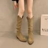 Retro Suede Western Knight Boots Women's Shoes Pointed Toe High Tube Boot Brown Crease Long Boot Polyurethane Insole Rubber Outs