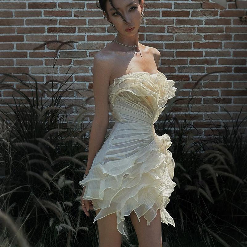 2026 European and American French lady style temperament ruffle leaf edge three-dimensional flower streamer irregular dress waist skirt