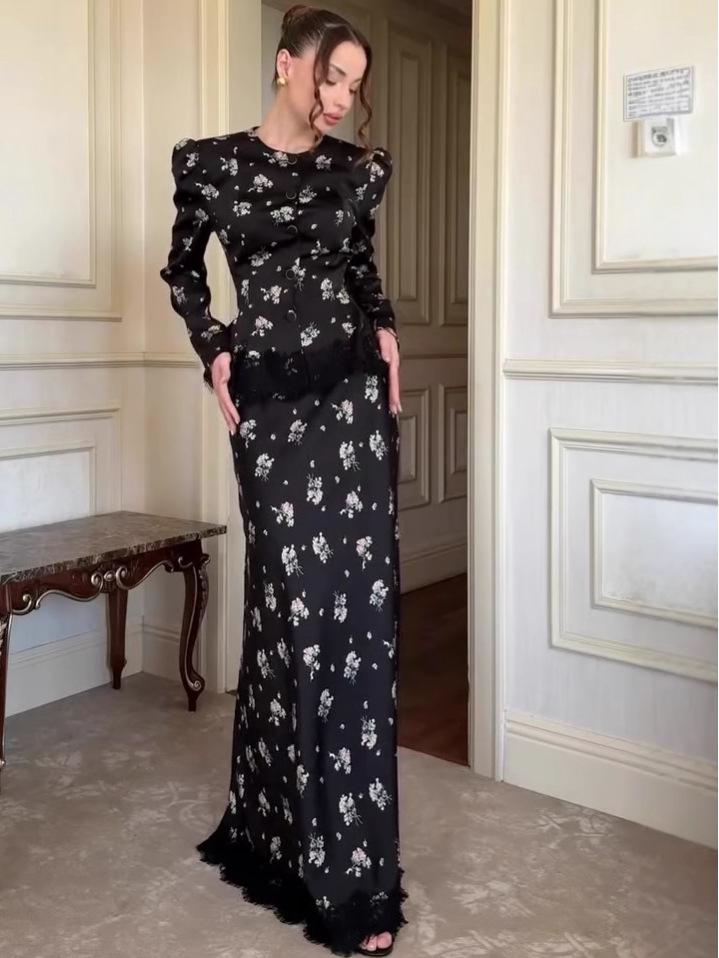 Zestaw sukienki z długim rękawem w stylu retro, elegancki, na jesień 2025 dla kobiet