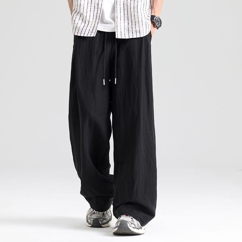 

Linen Men Pants Thin Solid Color Casual Comfortable Breathable Pocket Fashion Wide Leg Long Pants Outwear M чёрный