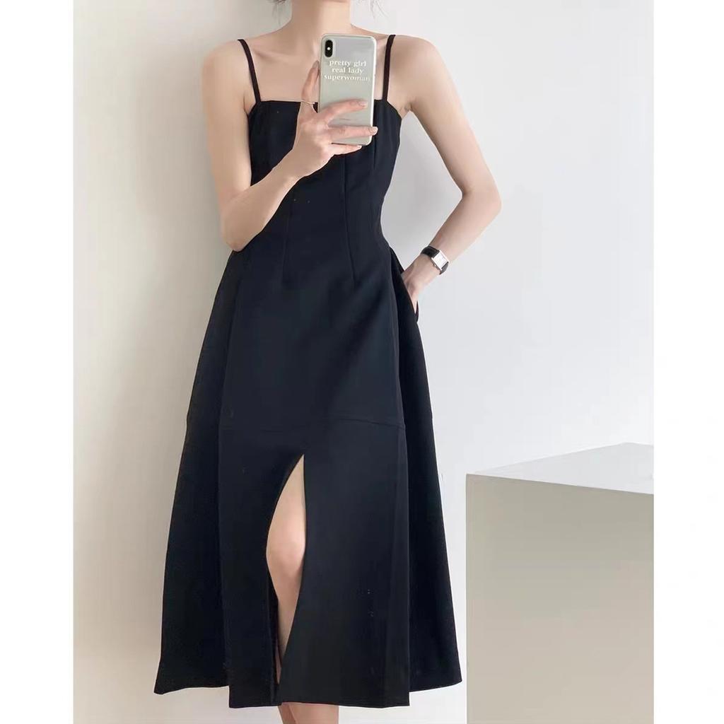 Black retro Hepburn style split suspender dress women's high sense French design sense niche high waist small black dress