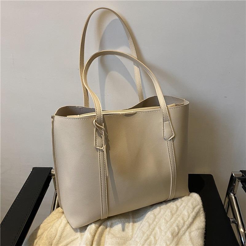 Simple Solid Color Large Capacity Tote Bag Casual Soft Leather Shoulder Bag for Women