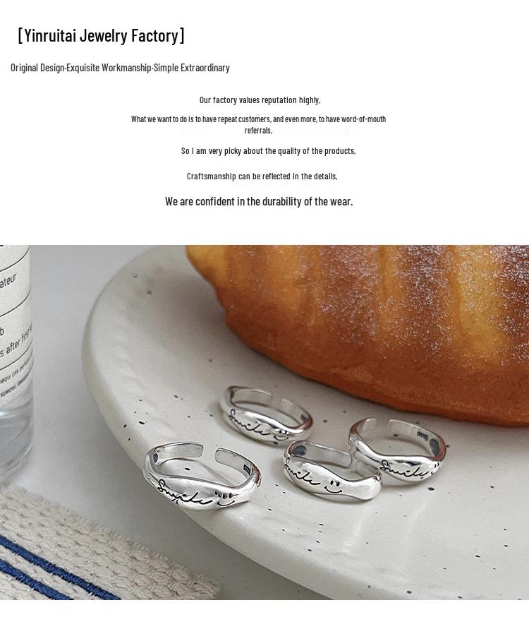 Prsten s usměvavým obličejem v korejském stylu pro ženy - ryzí stříbro S925, vynikající, jednoduchý, špičkový, všestranný, perfektní dárek pro nejlepší přítelkyni