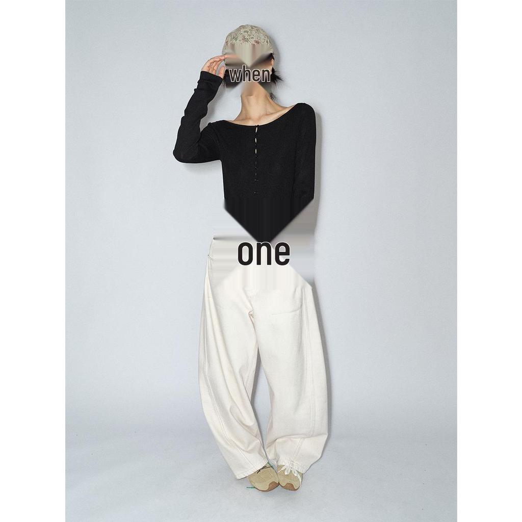 [Shi Shi] Women's Slim Fit Wool Cardigan - Boat Neck, Single-Breasted, Long Sleeve, Slightly Elastic, V8141
