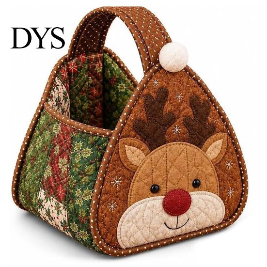 Holiday Decorative Tote DIY Quilted Christmas Basket Kit, Character Plaid Fabric Carry Tabletop Ornament Holder Craft Set, Storage Sewing Project,