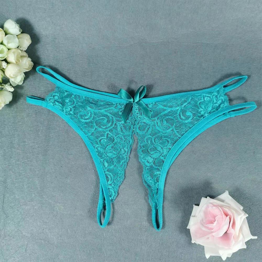 1pc Women's See Through Lace Panties Open Crotch Underwear Briefs Solid Color Female Low Waist Underpants