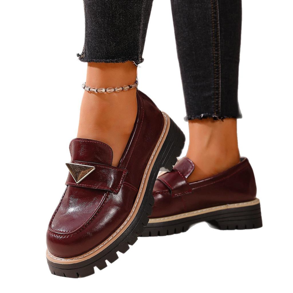 2025 New Cowhide/cow Anti-leather Round Head Metal Buckle Platform Loafers 4CM Square Heel Casual Single Shoes Women's Shoes