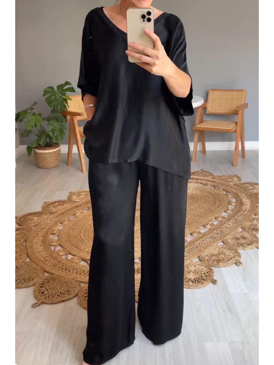 

Летний шелковый комплект с V-образным вырезом, повседневный, однотонный, для женщин, 2025 5XL чёрный