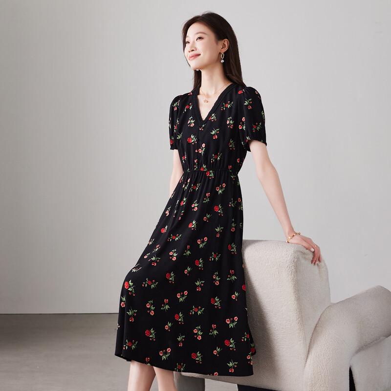 SOFSIL French Romantic Black Floral V-Neck Midi Dress XL