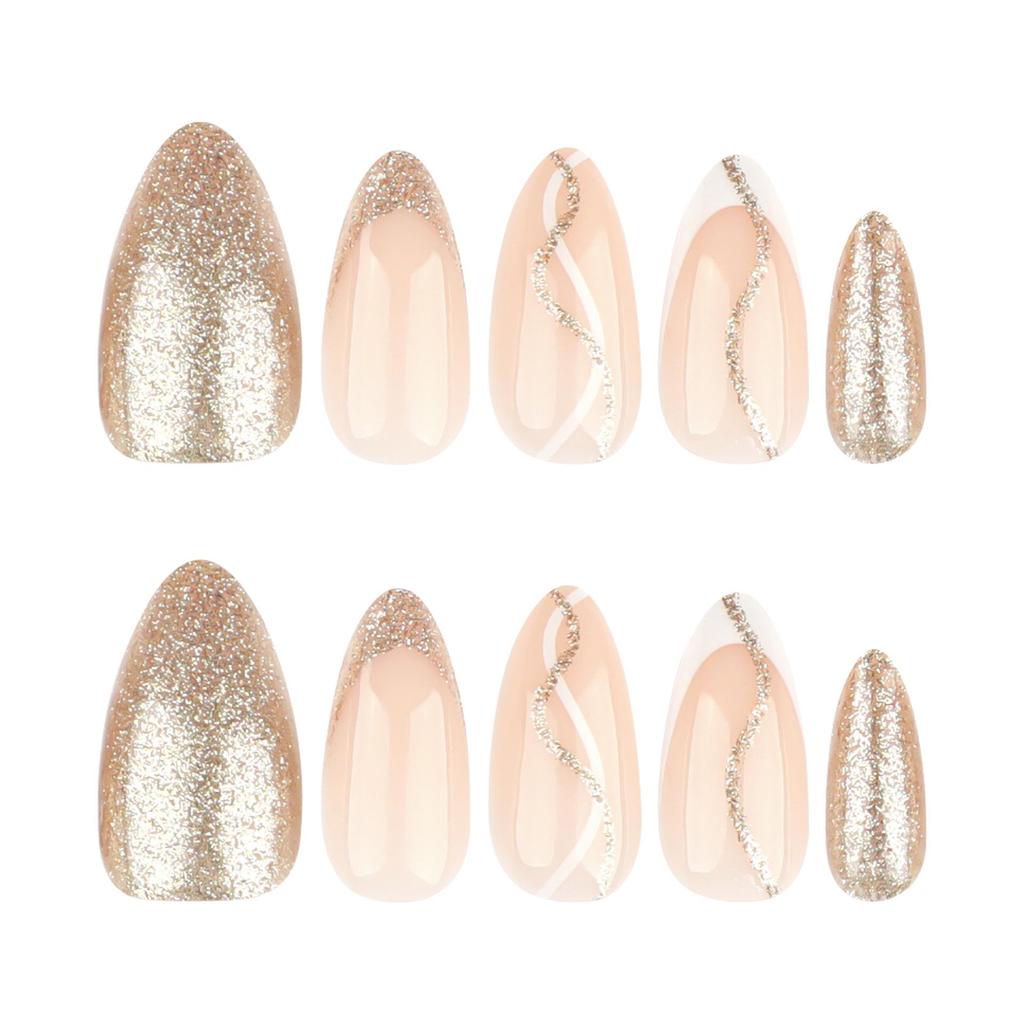 Gold Glitter Wave Line Press-On Nails, Medium-Short Almond Shape