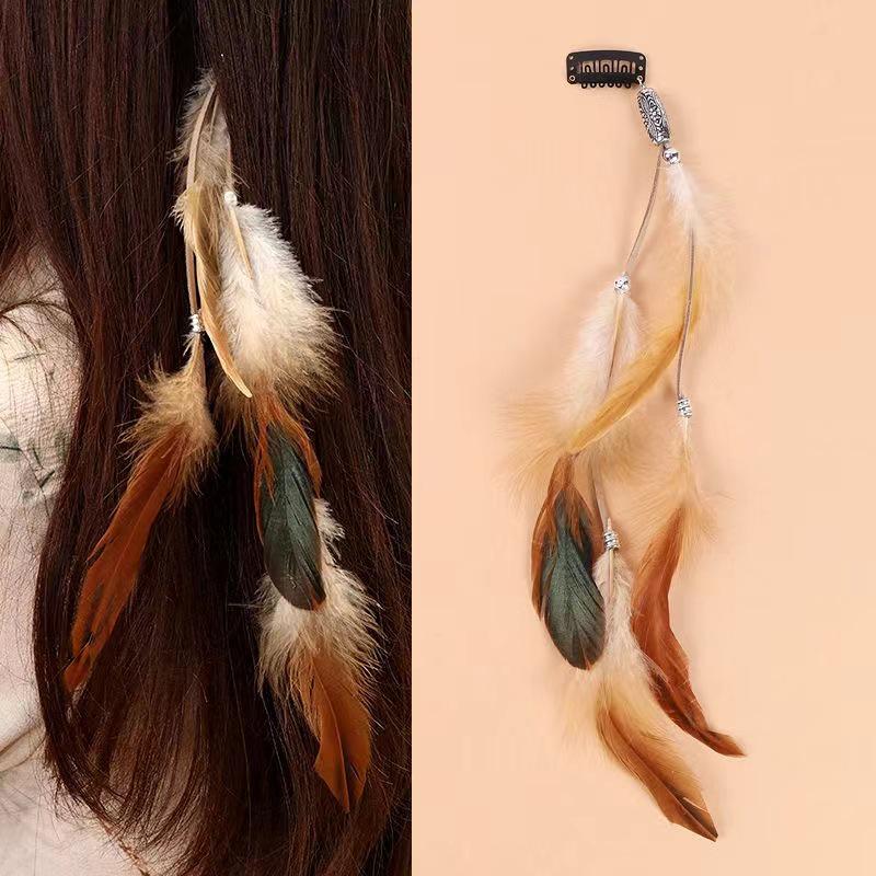 Bohemian Ethnic Feather Hair Clip with Tassel for Seaside Photoshoots