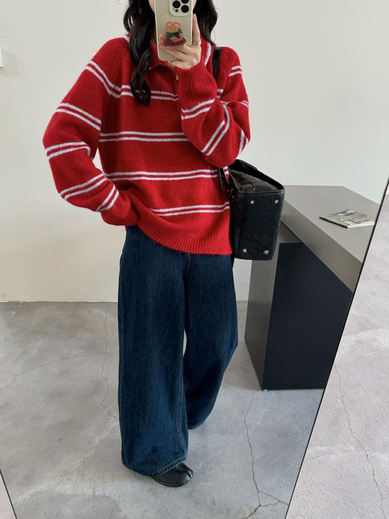 Lapel Color Matching Striped Pullover Sweater Women's Autumn and Winter New Loose and Versatile Knitted Sweater Top