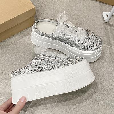 Fashion High Quality 7.5cm Bling Sequins Air Mesh Genuine Leather Half Slippers for Women Platform Casual Flat Shoes Outdoors Slipper
