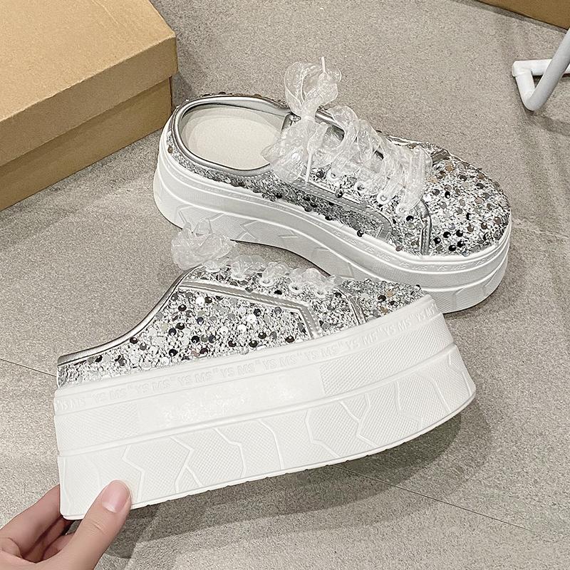 High Quality 7.5cm Bling Sequins Air Mesh Genuine Leather Half Slippers for Women Platform Casual Flat Shoes Outdoors Slipper