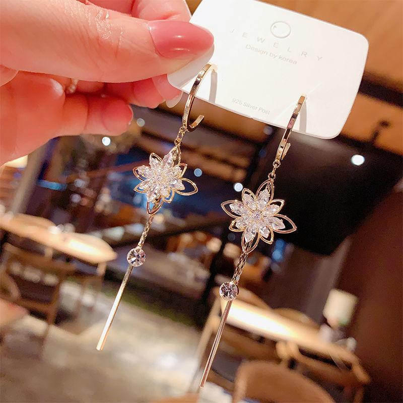 2022New Flower Tassel Shiny Long Earring Temperament Exquisite Elegant Trend Fashion Stud Earrings Wedding Birthday Gift