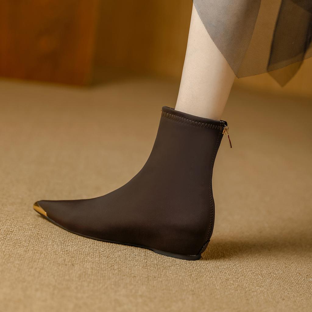 Anti-kick Inner Heightening Short Boots Women's 2025 Autumn and Winter New Metal Pointed Versatile European and American Style Elastic Thin Boots Bare