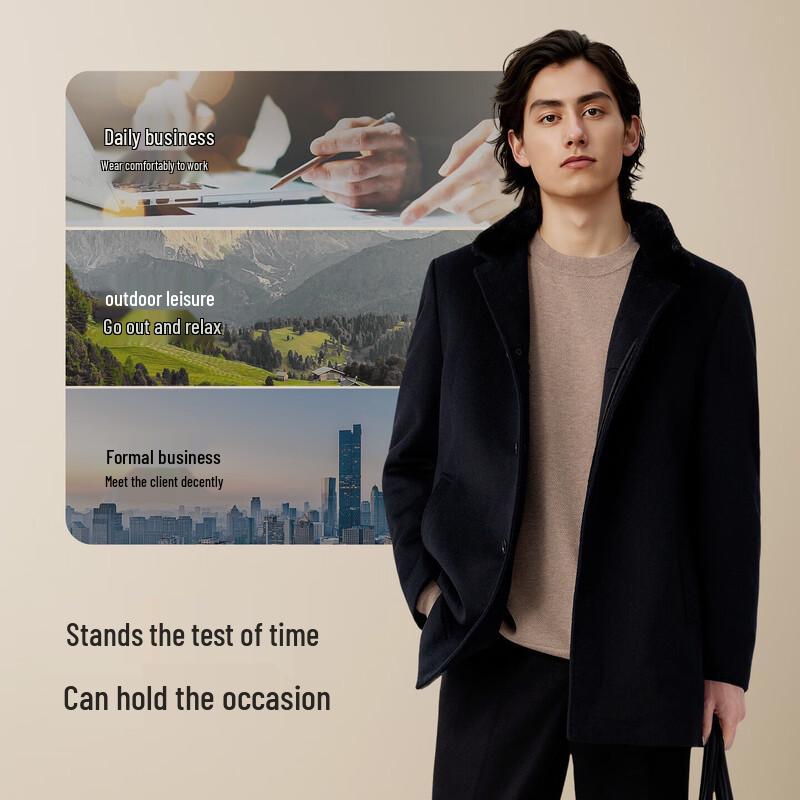 Hodo Men's 100% Wool Coat with Detachable Fur Collar